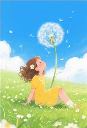 草地蒲公英少女卡通插画图片